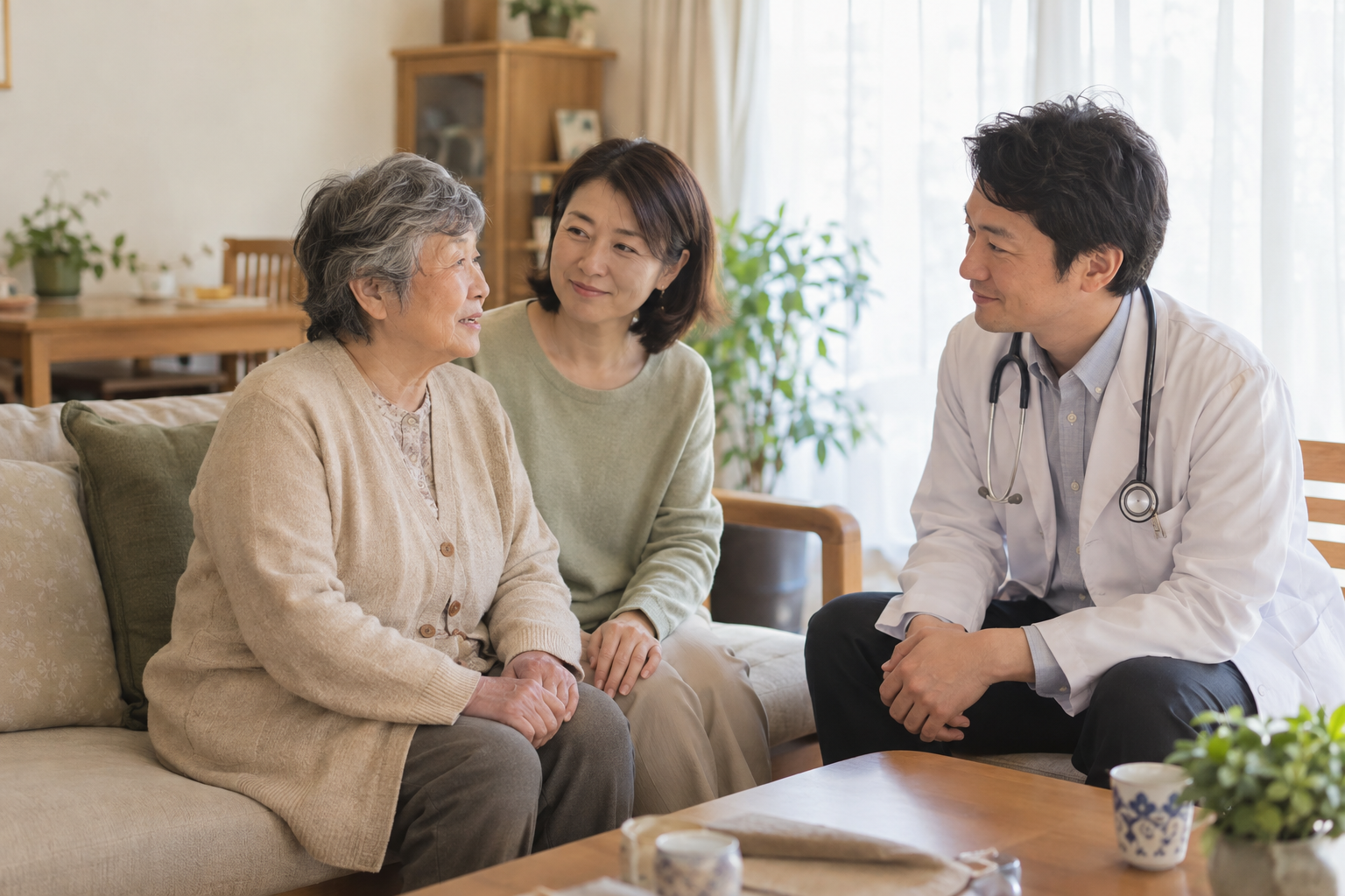 患者様とご家族の話に耳を傾ける訪問診療のイメージ（AI生成）