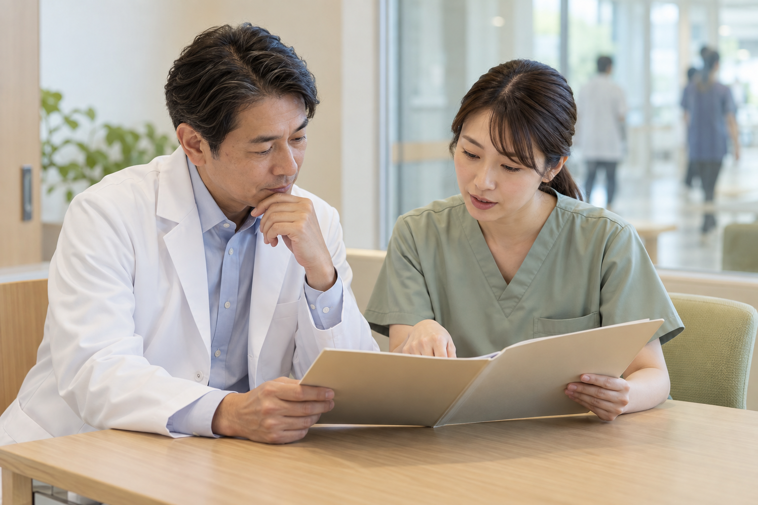 医療職が連携について相談する様子（AI生成イメージ）