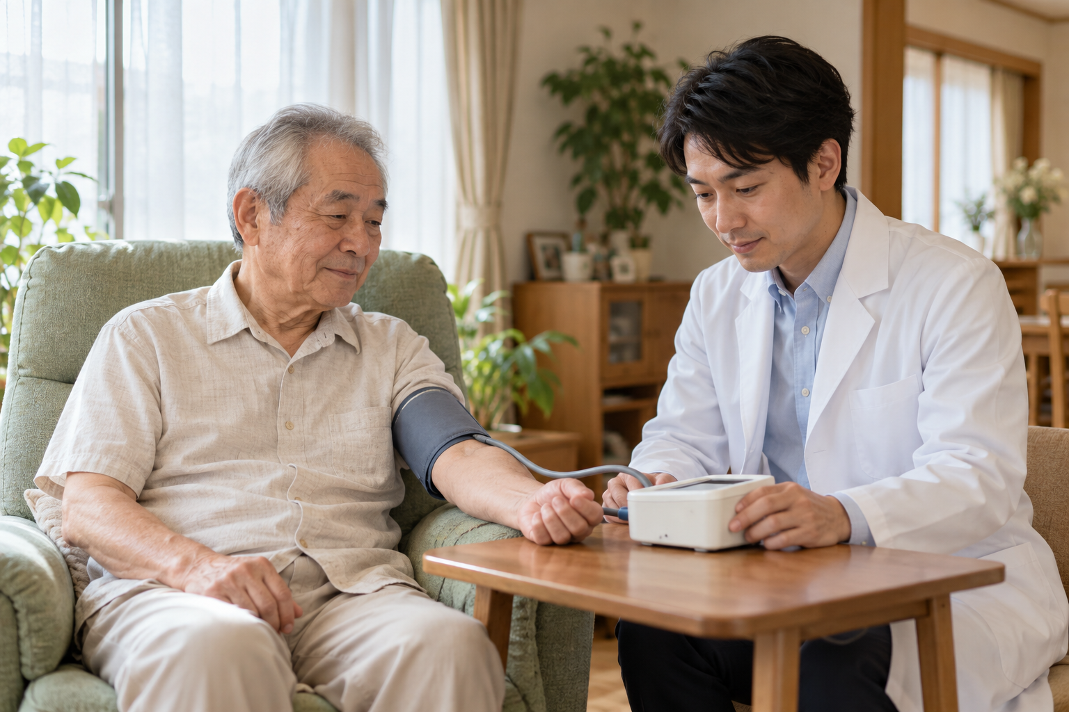 ご自宅で血圧測定を受ける様子(イメージ)